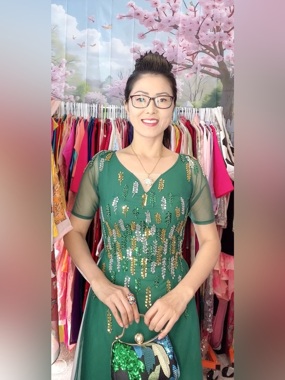 ao dai size m 2 US chiffon 6 tà green Vietnamese traditional long dress set 🎁
